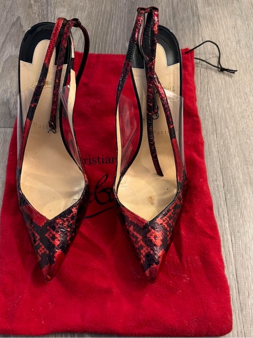 Christian Louboutin Red and Black Pointed-Toe Slingback Pumps with Clear Panels